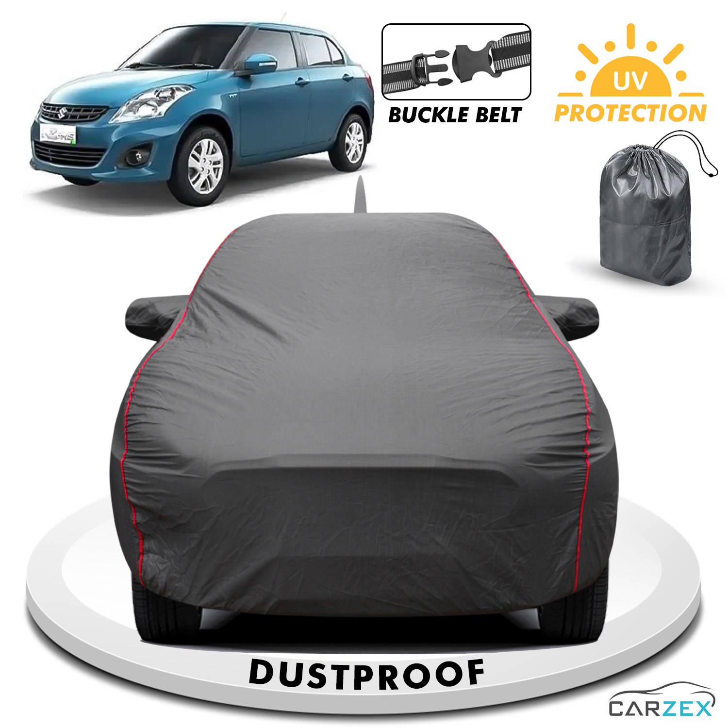 Carzex 2x2 Heavy Duty Red Border Car Body Cover For Maruti Suzuki Dzire Old